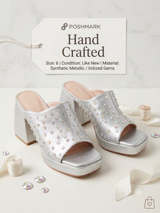 Hand Crafted Shoes - Hand Jeweled Women’s Silver Iridescent Gem Platform Mules Size 6 NWOT